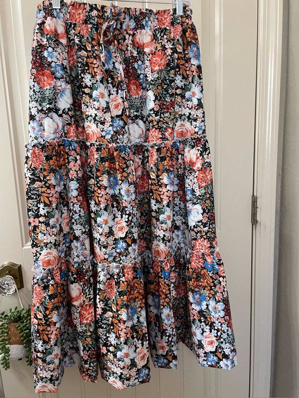 Arolina Black Floral Tiered Maxi Skirt with Coral & Blue Blooms